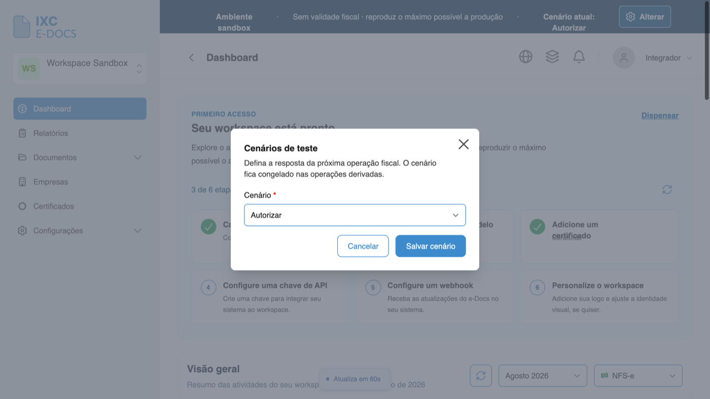 Diálogo Cenários de teste, com a opção Autorizar selecionada