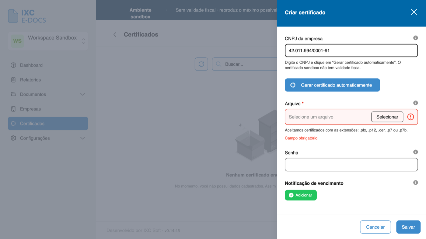 Diálogo Criar certificado com o CNPJ preenchido, pronto para gerar automaticamente