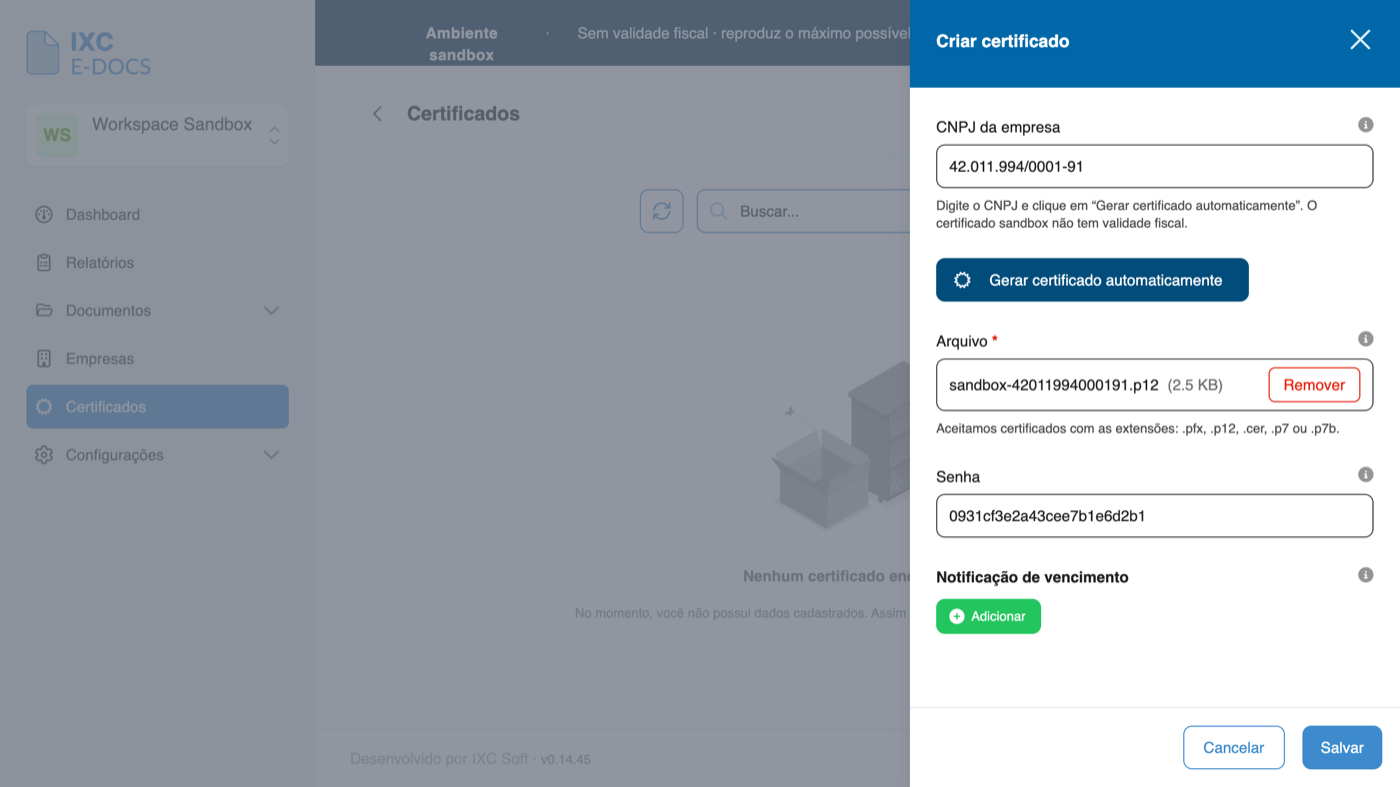 Diálogo Criar certificado após gerar automaticamente, com arquivo .p12 e senha preenchidos