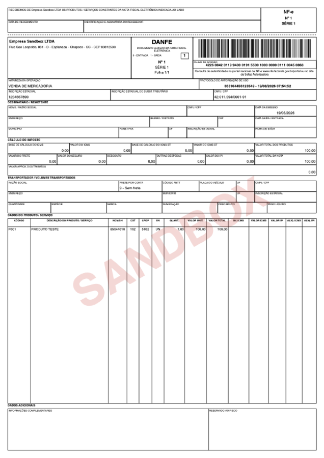 DANFE real gerada pelo sandbox, com marca d'água SANDBOX