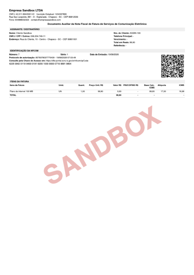 DANFCOM real gerada pelo sandbox, com marca d'água SANDBOX na diagonal