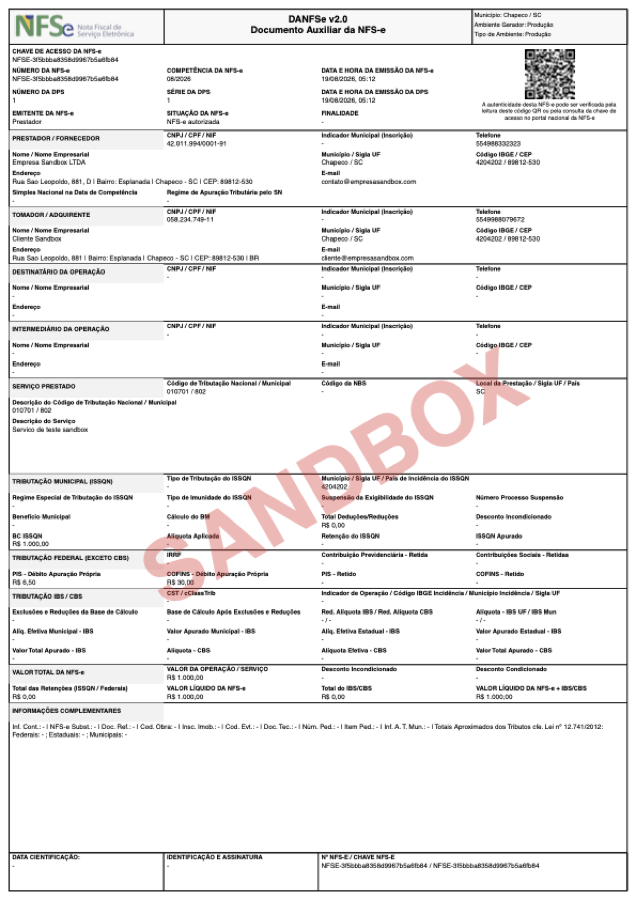 DANFSe real gerada pelo sandbox, com marca d'água SANDBOX na diagonal