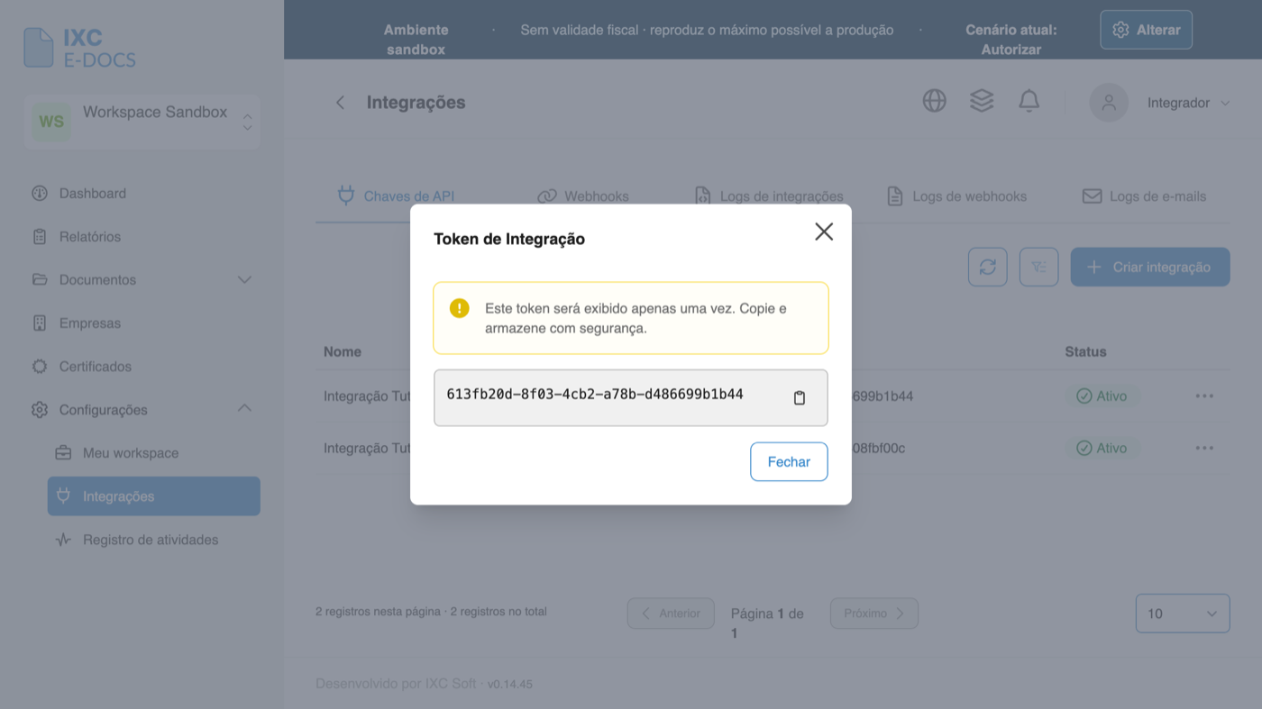 Diálogo Token de Integração exibindo a chave de API em texto puro, uma única vez