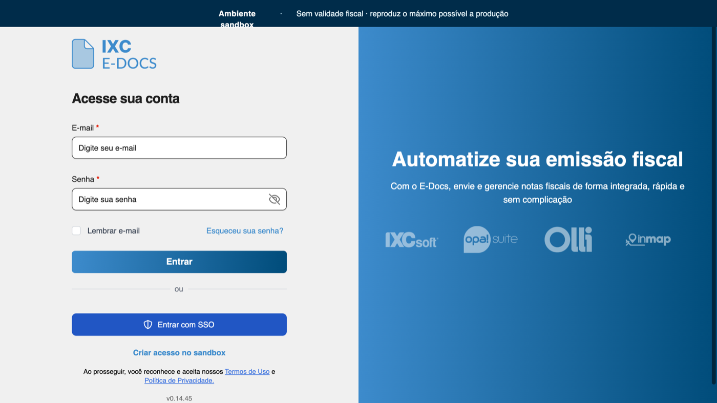 Tela de login do sandbox, com o link Criar acesso no sandbox abaixo do botão Entrar com SSO