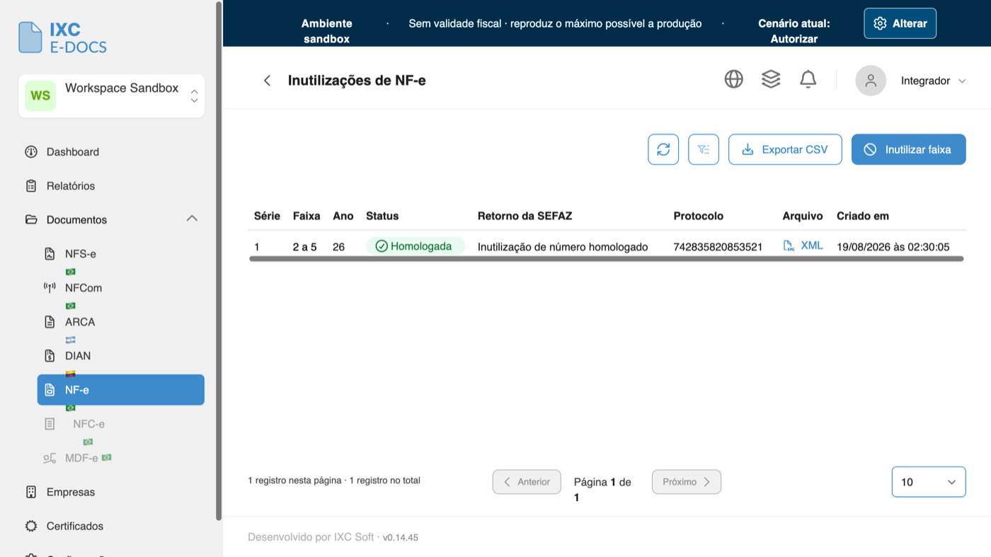 Lista de inutilizações de NF-e com um pedido homologado pela SEFAZ