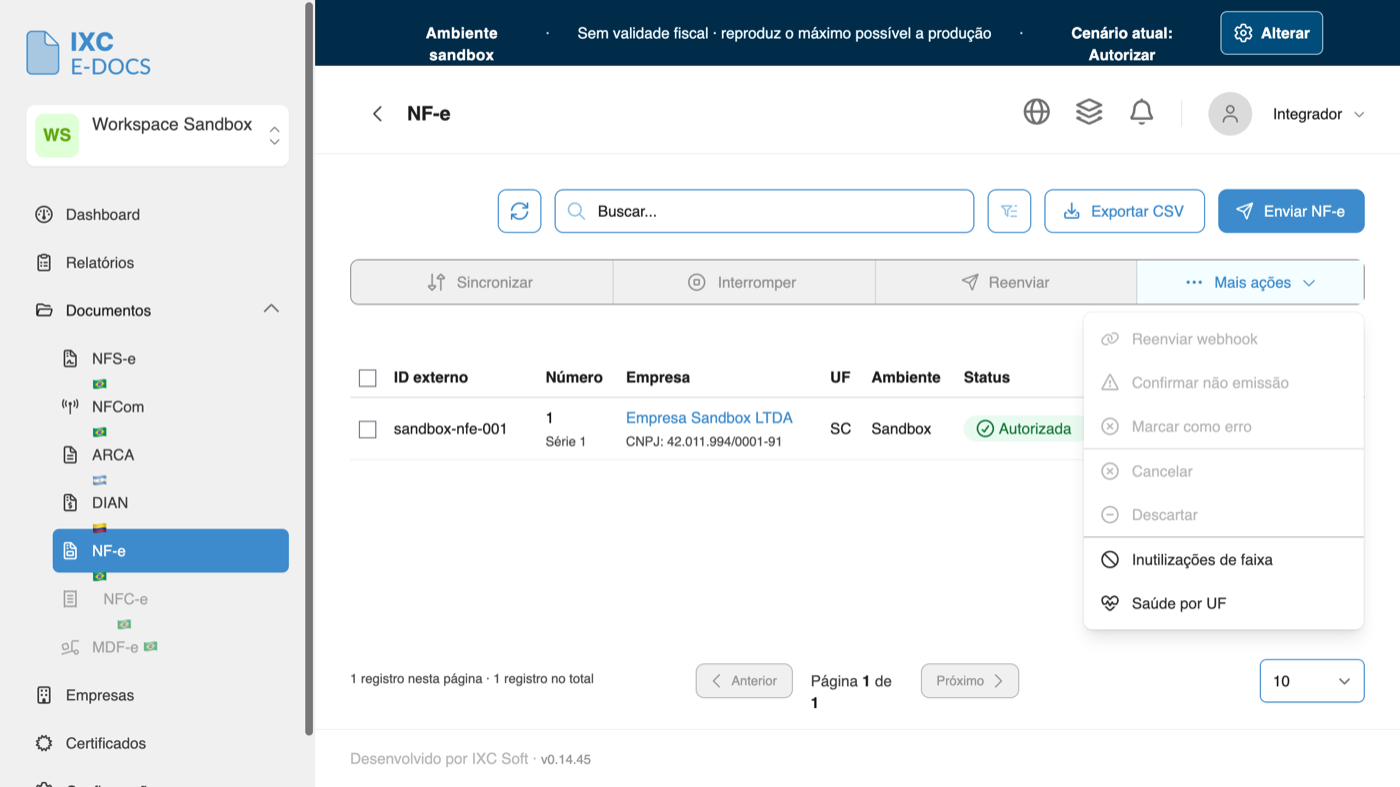 Menu Mais ações da lista de NF-e, com as opções Cancelar, Inutilizações de faixa e Saúde por UF