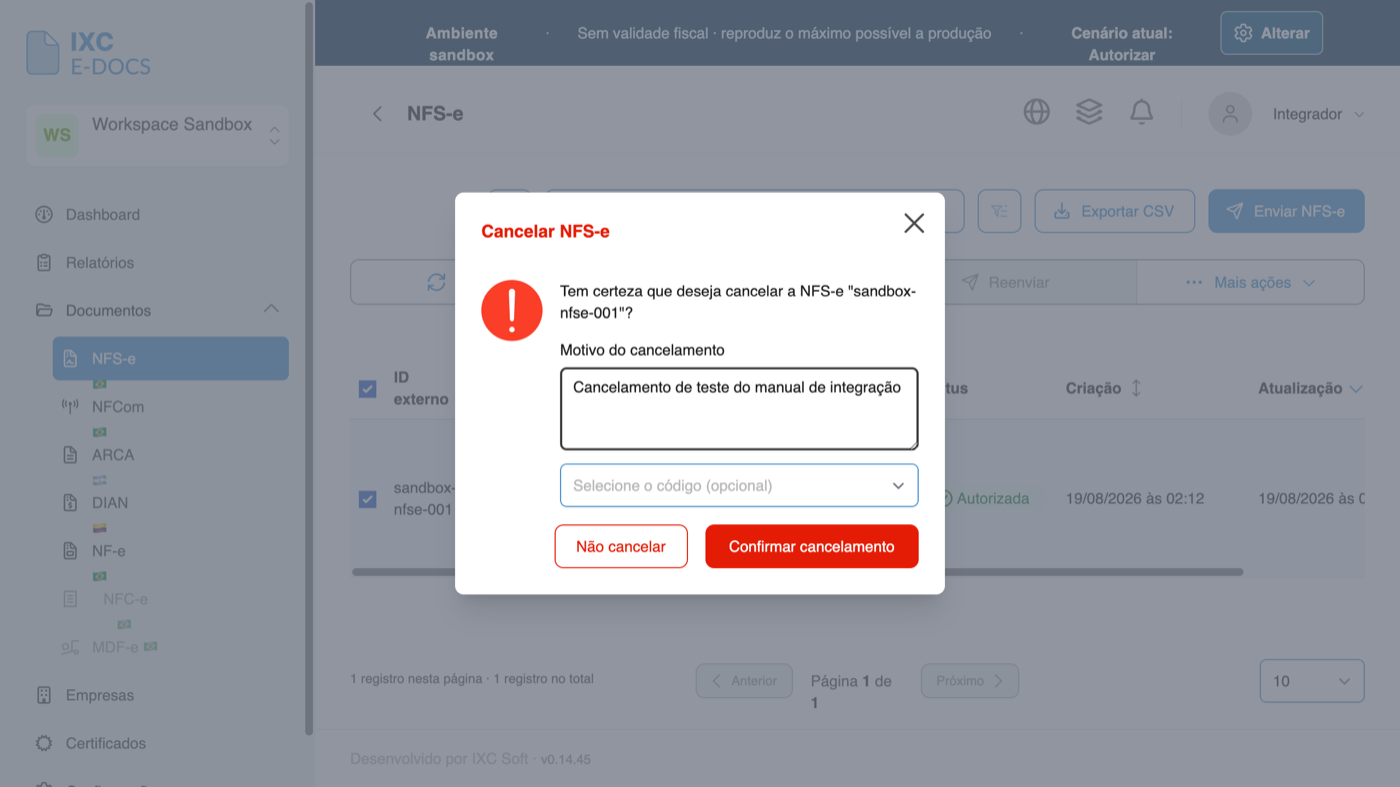 Diálogo Cancelar NFS-e com o motivo do cancelamento preenchido