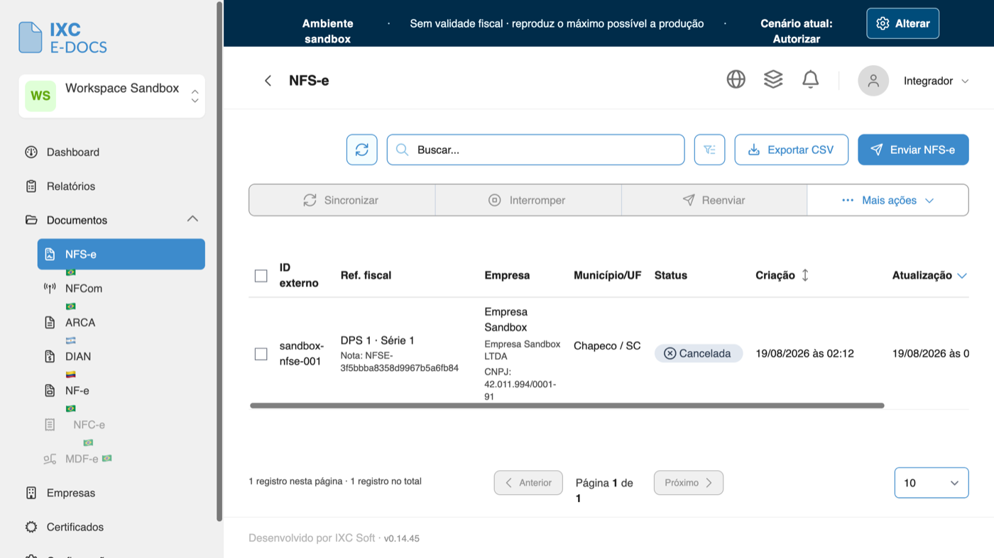 Lista de NFS-e com o documento no status Cancelada