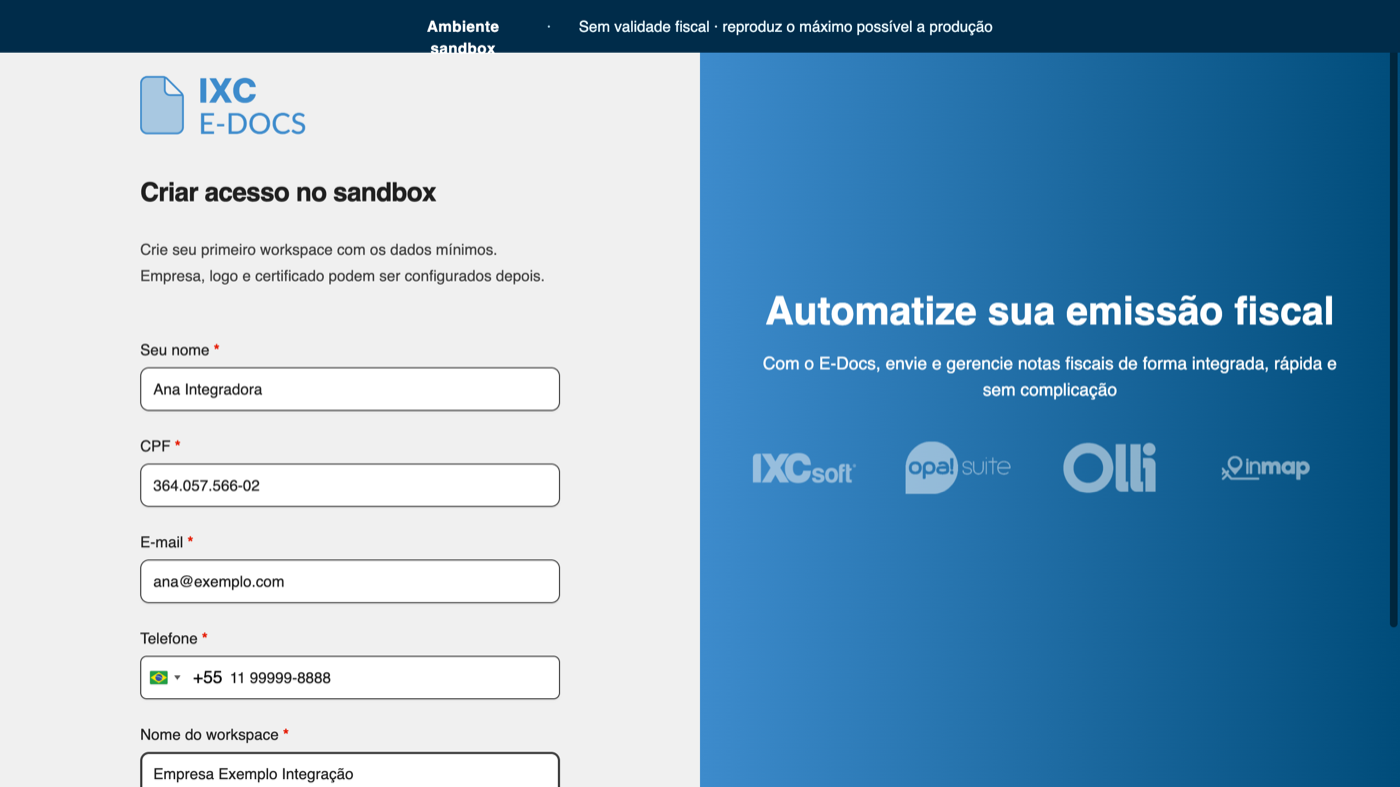 Formulário de criação de acesso no sandbox preenchido com nome, CPF, e-mail, telefone e nome do workspace