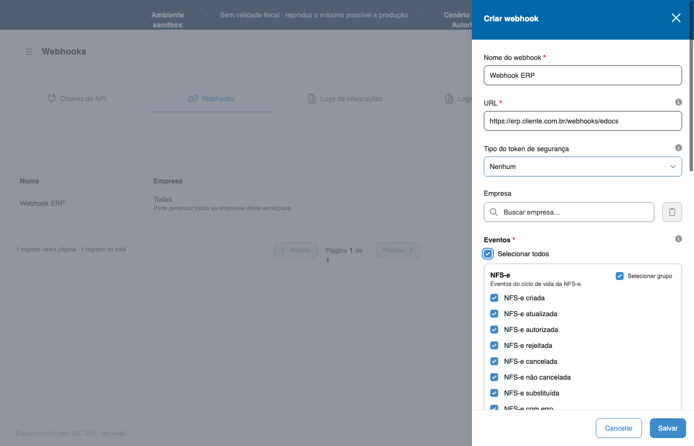 Diálogo Criar webhook com todos os grupos de eventos por modelo fiscal: NFS-e, ARCA, NFCom e NF-e