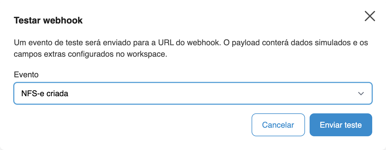 Diálogo Testar webhook com o evento NFS-e criada selecionado